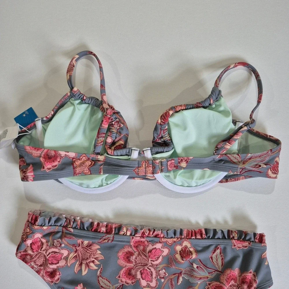 Cupshe Womens Floral Underwire Bikini Set High Waisted Ruffle Grey Pink New‎